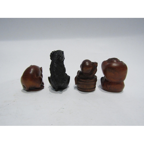 4349 - Four boxwood netsuke, figure in bath, Monkey in jacket, Rat and Long Haired Ram