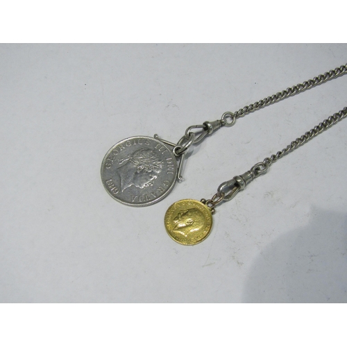 4350 - A 1914 half sovereign mounted with 9ct gold loop (poor condition) on a silver chain with a George II... 