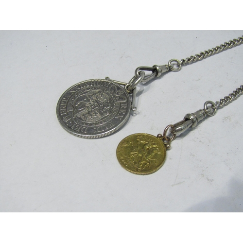 4350 - A 1914 half sovereign mounted with 9ct gold loop (poor condition) on a silver chain with a George II... 