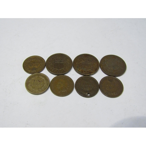 4362 - American coinage, three 2 cents of 1864 and 1865 and Indian Head 1 cent of 1859, 1865, 1889, 1903 an... 