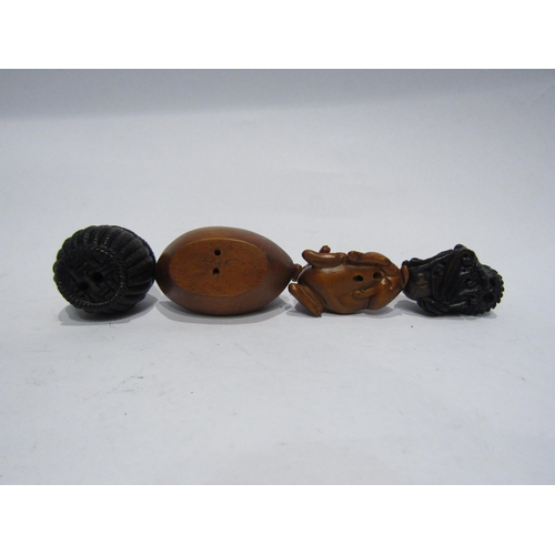 4368 - Four boxwood netsuke, Dragon, Rat on a basket, Rat on a gourd and Ram, some signed