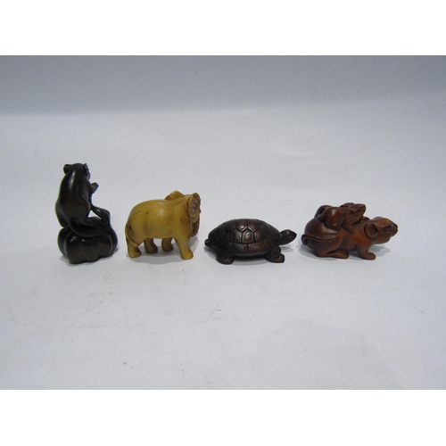 4369 - Four boxwood netsuke, Rat on gourd, elephant, Rat with young and Tortoise