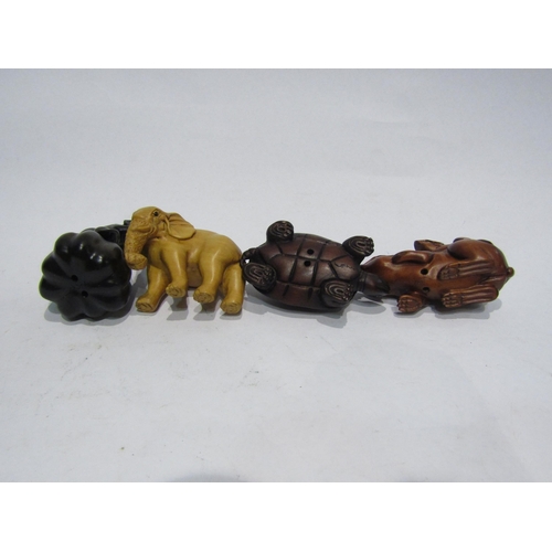 4369 - Four boxwood netsuke, Rat on gourd, elephant, Rat with young and Tortoise