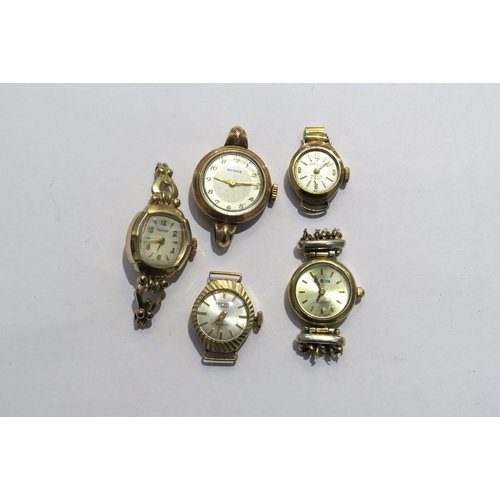 8118 - Five 9ct gold ladies watches no straps, Gross weight 41g