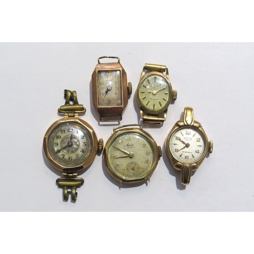 8120 - Five 9ct gold cased ladies wristwatchs with no straps, 37g gross weight