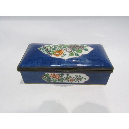 4393 - A 19th Century porcelain box, blue ground with floral panels, T. Goode & Co. partial sticker and mar... 