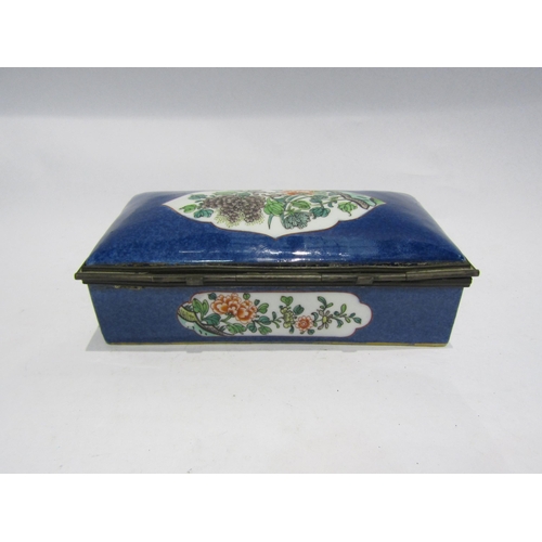 4393 - A 19th Century porcelain box, blue ground with floral panels, T. Goode & Co. partial sticker and mar... 