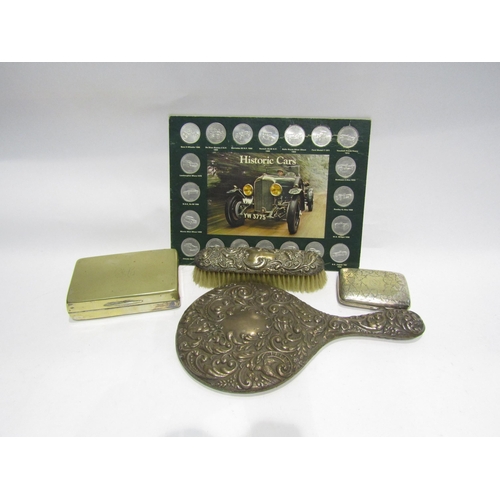 4394 - A silver hand brush, plated hand mirror, Commemorative coins, plated box and cigarette case