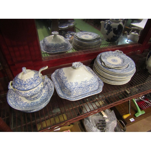 4418 - A selection of Moore & Co blue and white dinner wares including lidded soup tureen, pedestal dish, p... 