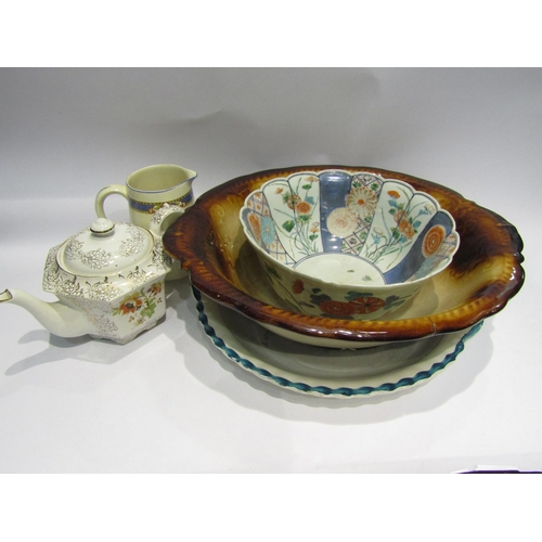 4432 - An Oriental bowl with frilled rim, a Victorian transfer ware plate, wash bowl (chips to base), Sadle... 