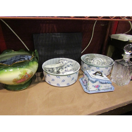 4437 - Three Villeroy & Boch bowls, blue leaf pattern and eight Royal Doulton twin handle soup bowls, York ... 