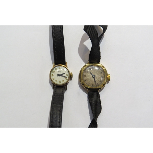 8111 - A Rone 9ct gold ladies watch with leather strap and 18ct gold cased ladies watch, strap damaged