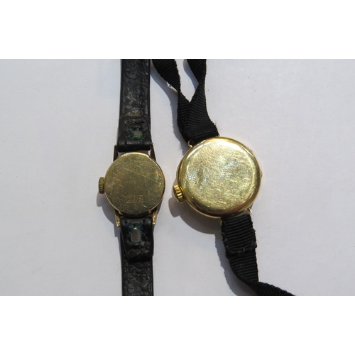 8111 - A Rone 9ct gold ladies watch with leather strap and 18ct gold cased ladies watch, strap damaged