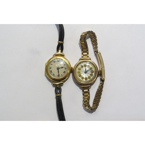 8107 - A Record Swiss 18ct gold cased ladies wristwatch with leather strap and 9ct gold cased watch with ro... 