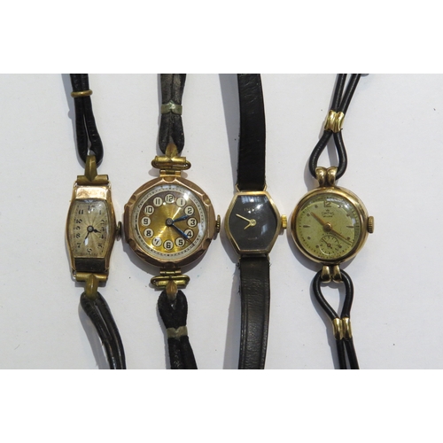 8109 - Four 9ct gold cased ladies wristwatches with leather straps including brands such as Imado and Smith... 