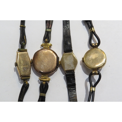 8109 - Four 9ct gold cased ladies wristwatches with leather straps including brands such as Imado and Smith... 