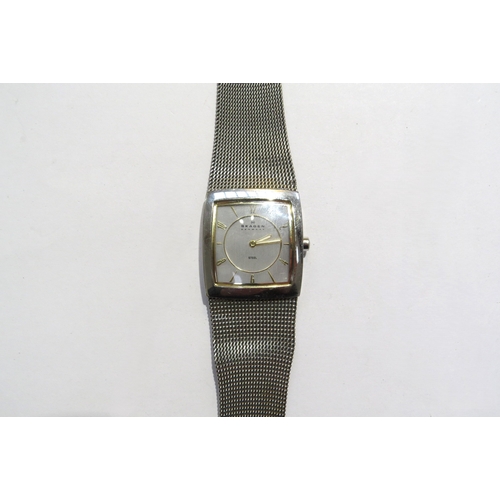 8102 - A Skagen Denmark lady's steel wristwatch with rectangular face, with box, warranty card, etc dating ... 