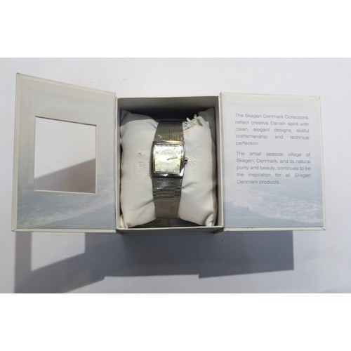 8102 - A Skagen Denmark lady's steel wristwatch with rectangular face, with box, warranty card, etc dating ... 