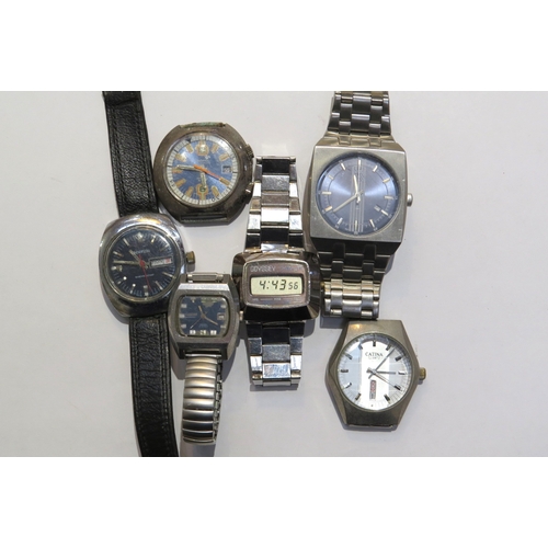 8151 - Six retro wristwatches quartz and mechanical movements including two without straps. Brands such as ... 