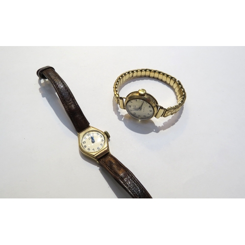 8122 - Two 9ct gold cased Smiths Astral ladies wristwatches, one on leather strap, other on 9ct gold expand... 