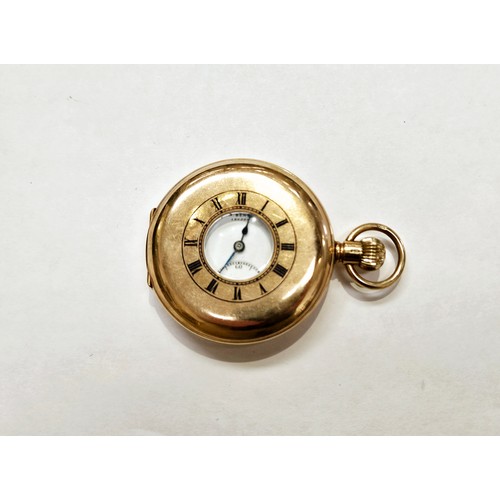 8212 - A J W BENSON, London 9ct gold cased half hunter pocket watch, white dial, Roman numerals, subsidiary... 