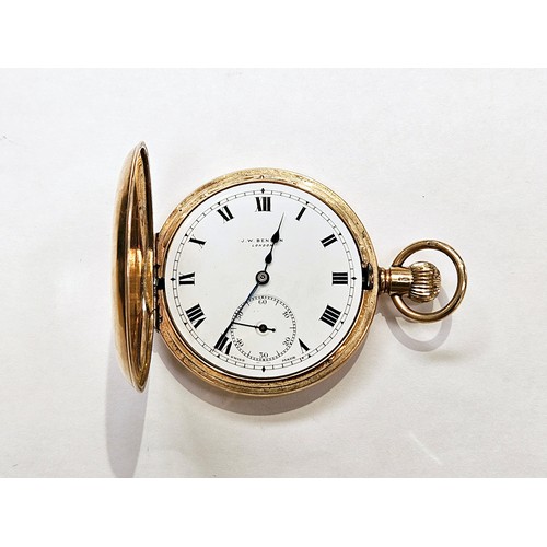 8212 - A J W BENSON, London 9ct gold cased half hunter pocket watch, white dial, Roman numerals, subsidiary... 