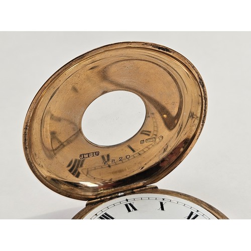 8212 - A J W BENSON, London 9ct gold cased half hunter pocket watch, white dial, Roman numerals, subsidiary... 