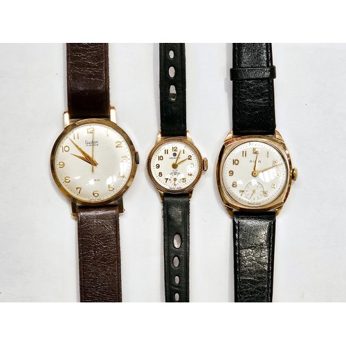 8116 - Three 9ct gold cased wristwatches, each on a leather strap. Includes a Gudux 17 Jewel Incabloc, Avia... 