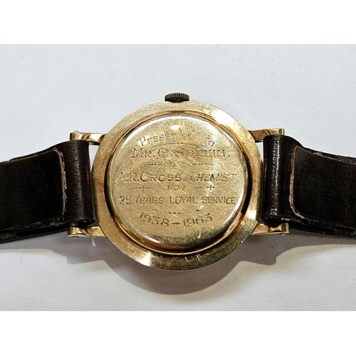 8116 - Three 9ct gold cased wristwatches, each on a leather strap. Includes a Gudux 17 Jewel Incabloc, Avia... 