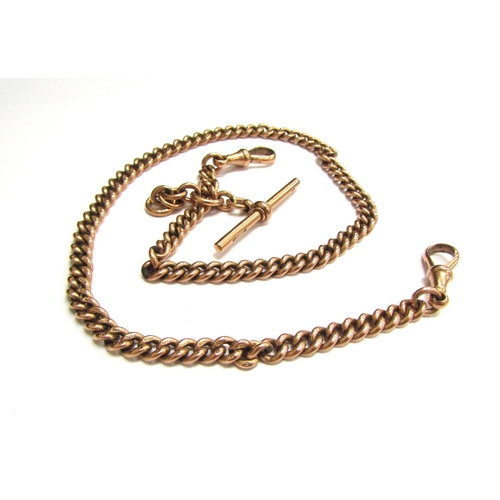 9375 - A 9ct gold watch chain with T-bar and two dog clips, 41cm long, 41.4g