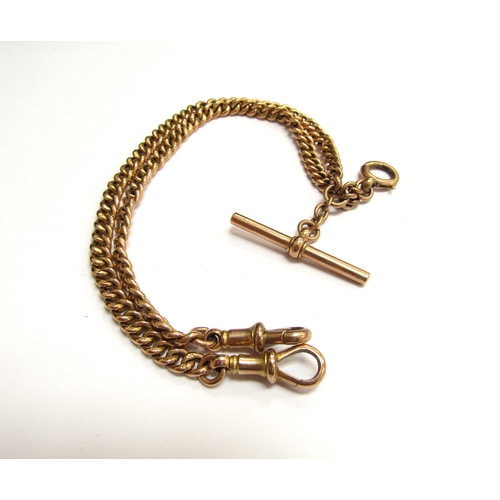 9373 - A 9ct gold watch chain with T-bar and two dog clips, 38cm long, 15g