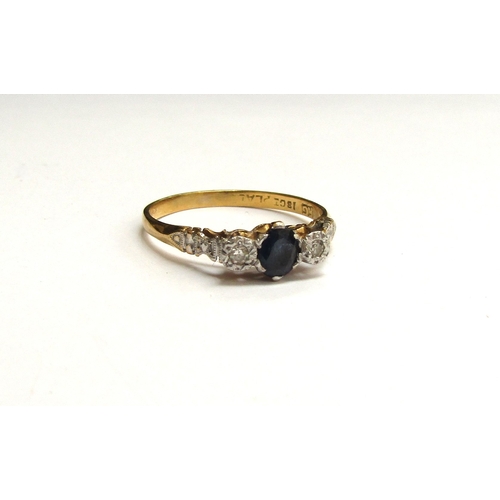 9132 - A sapphire and illusion set diamond ring, stamped 18ct/plat. Size P, 2.3g