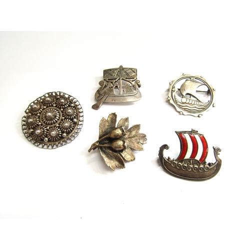 9428 - Five Danish and Norwegian sterling brooches including Tostrup, Haandarbejde and Flora Danica example... 