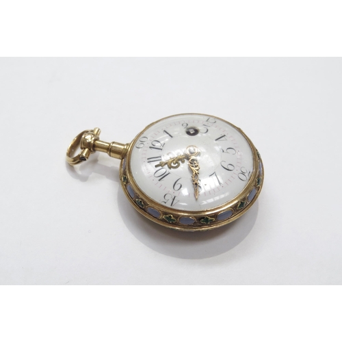 8202 - Francois Ageron Paris verge fusee fob watch with enamel decorated case movement marked 