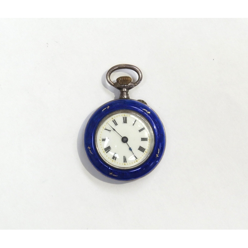 8203 - A French silver and blue enamel keyless wind fob watch with import marks dating it to 1908 with garl... 