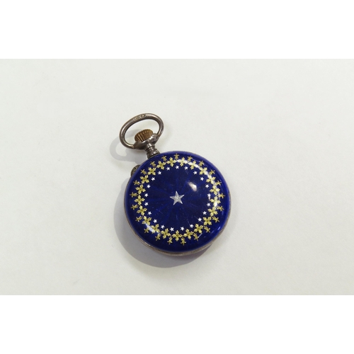 8203 - A French silver and blue enamel keyless wind fob watch with import marks dating it to 1908 with garl... 