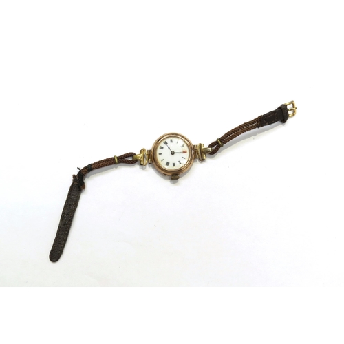 8132 - A 9ct gold cased wristwatch with white enamel dial, on leather strap   (E) £60-80 Jewellery Sale