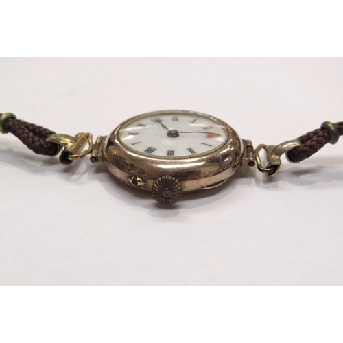 8132 - A 9ct gold cased wristwatch with white enamel dial, on leather strap   (E) £60-80 Jewellery Sale