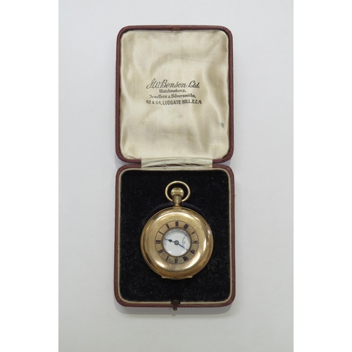 8212 - A J W BENSON, London 9ct gold cased half hunter pocket watch, white dial, Roman numerals, subsidiary... 