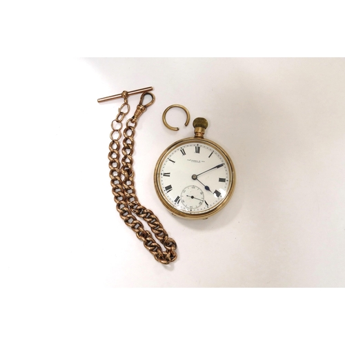 8211 - A gold cased Thos. Russell & Sons, Liverpool pocket watch, case stamped 375, with a yellow metal cha... 