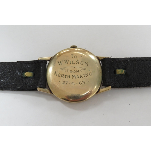 8188 - A Roamer Premier Incabloc gold cased wristwatch with presentation to back reading: 'To W. Wilson fro... 