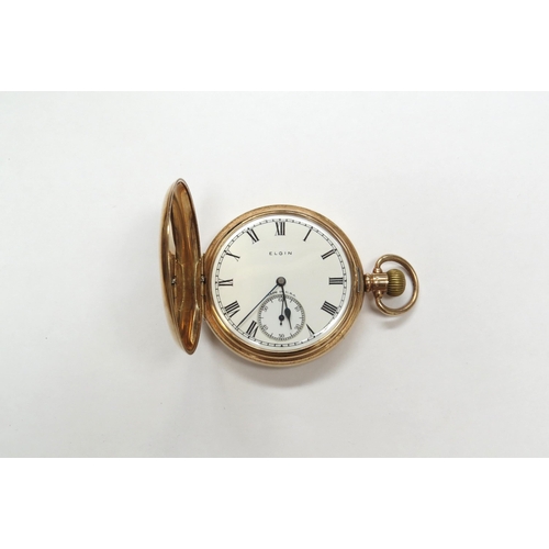 8216 - A 9ct gold cased Elgin full hunter pocket watch, the circular signed dial with Roman numerals, subsi... 