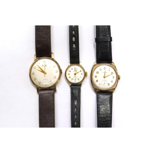 8116 - Three 9ct gold cased wristwatches, each on a leather strap. Includes a Gudux 17 Jewel Incabloc, Avia... 