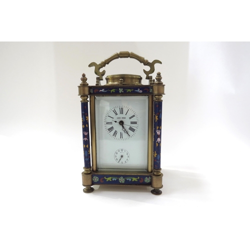 8028 - A cloisonne and brass repeater carriage timepiece, Ger. made to face, with pierced hands and Roman n... 