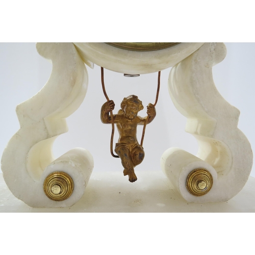 8036 - A late 19th Century Alabaster cherub on a swing mantel clock with open face, Roman chapter ring, cra... 