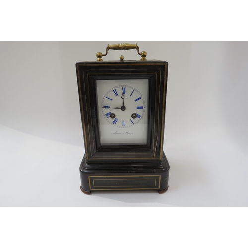8040 - Laine a Paris two train mantel/bracket clock striking on a bell in mahogany and brass inlaid case, a... 