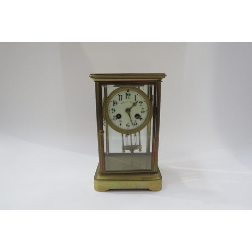 8047 - A four glass French two train mantel clock with mercury pendulum. Striking on a coiled gong. 22.5cm ... 