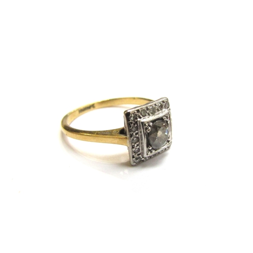 9026 - An Art Deco 18ct gold platinum set diamond ring the central old cut diamond 0.35ct approx in a squar... 