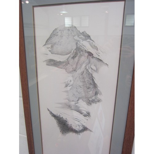 1019 - A pair of pencil prints depicting part mountains.  81cm x 34cm.  Framed and glazed