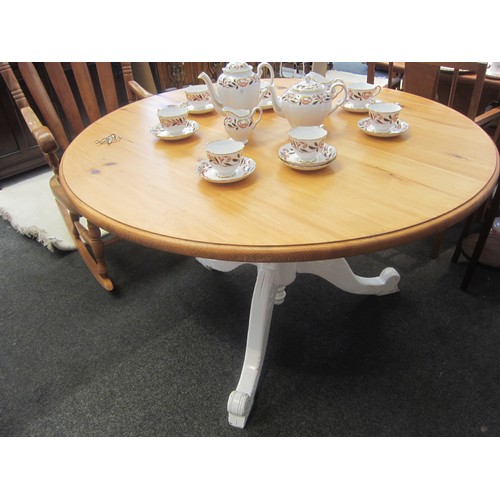 1070 - A pine circular top table with painted tripod base, 76cm tall x 122cm diameter  (E)  £30-40